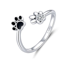 Bague Pattes en argent 925 plaqué or blanc émaillé noir avec zircon blanc ajustable