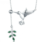 Collier Colibri avec Brindille d’Olivier Argent Sterling 925 plaqué or blanc avec zircons verts et fermoir ajustable
