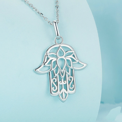 Collier Hamsa Fleur de Lotus en argent 925 plaqué or blanc ajustable - Photo 3