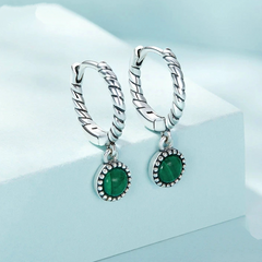 Boucles d’Oreilles Créoles Pendentif Malachite en argent 925 plaqué or blanc avec zircons violets - Photo 3
