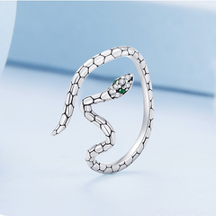 Bague Serpent en argent 925 plaqué or blanc ajustable avec zircons blancs et verts - Photo 3