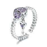 Bague Cadenas Coeur en argent 925 plaqué or blanc ajustable avec zircons violets