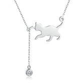 Collier Chat Jouant en argent 925 plaqué or blanc avec pendentif lumineux et zircon blanc