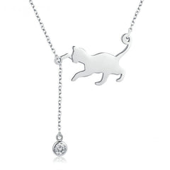 Collier Chat Jouant en argent 925 plaqué or blanc avec pendentif lumineux et zircon blanc