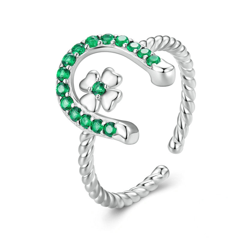 Bague Porte-Bonheur en argent 925 plaqué or blanc ajustable avec zircons verts