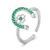 Bague Porte-Bonheur en argent 925 plaqué or blanc ajustable avec zircons verts