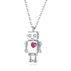 Collier Robot Amoureux en argent 925 plaqué or blanc ajustable avec zircon rouge et blancs