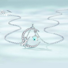Collier Lune avec Chat et Étoile Argent Sterling 925 plaqué or blanc avec pavé de zircons blancs et pierre de lune - Photo 3
