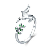 Bague Colibri en argent 925 plaqué or blanc avec zircons verts ajustable