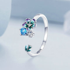 Bague Fleurs en argent 925 plaqué or blanc ajustable émaillé à la main avec zircons colorés - Photo 3