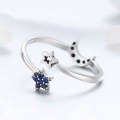 Bague Lune et Étoiles en argent 925 plaqué or blanc ajustable avec zircons bleus - Photo 4