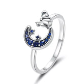 Bague Chat avec Lune en argent 925 plaqué or blanc ajustable avec zircons bleus
