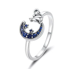 Bague Chat avec Lune en argent 925 plaqué or blanc ajustable avec zircons bleus