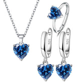 Parure de Bijoux Coeur Argent Sterling 925 plaqué or blanc avec collier, boucles d’oreilles et bague ajustable avec zircons bleus