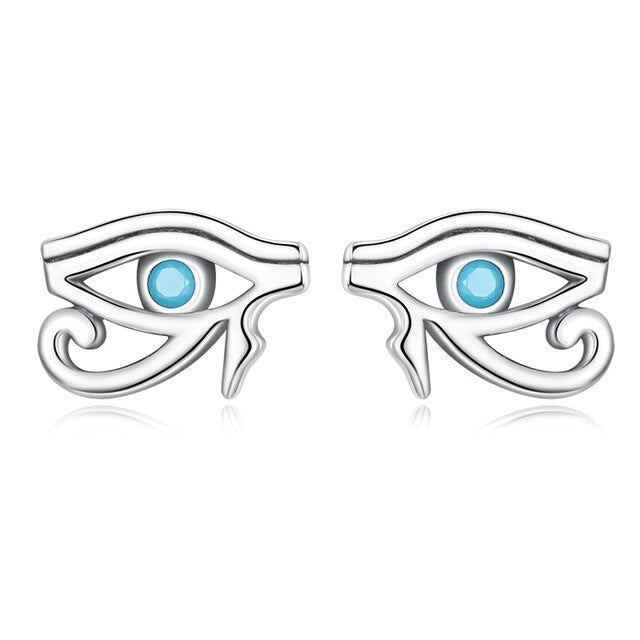 Boucles d’Oreilles Oeil d’Horus Puces en Argent Sterling 925 plaqué or blanc avec zircons bleus