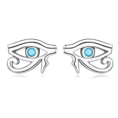 Boucles d’Oreilles Oeil d’Horus Puces en Argent Sterling 925 plaqué or blanc avec zircons bleus