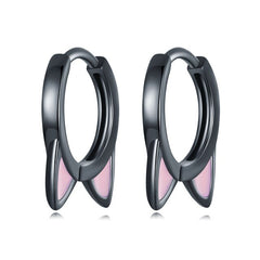 Boucles d’Oreilles Créoles Oreilles de Chat en argent 925 plaqué noir émaillé rose