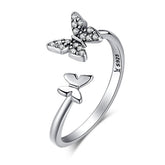 Bague Papillons en argent 925 plaqué or blanc ajustable avec zircons blancs