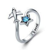 Bague Avion et Étoile en argent 925 plaqué or blanc ajustable avec zircon bleu