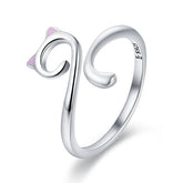 Bague Chat en argent 925 plaqué or blanc ajustable avec oreilles émaillées roses