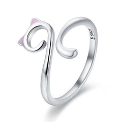 Bague Chat en argent 925 plaqué or blanc ajustable avec oreilles émaillées roses