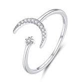 Bague Lune et Étoile Comète en argent 925 plaqué or blanc ajustable avec zircons blancs
