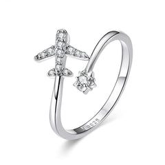 Bague Avion Brillant en argent 925 plaqué or blanc ajustable avec zircons blancs