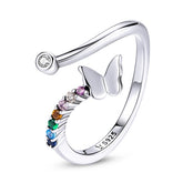 Bague Papillon en argent 925 plaqué or blanc ajustable avec zircons colorés