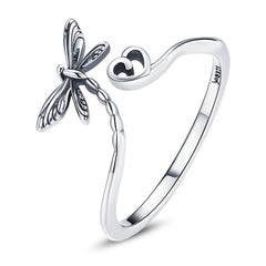 Bague Libellule avec Coeur en argent 925 plaqué or blanc ajustable