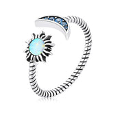 Bague Soleil et Lune en argent 925 plaqué or blanc ajustable avec opale et zircons bleus