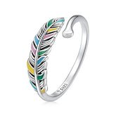 Bague Plume en argent 925 plaqué or blanc ajustable émaillé à la main