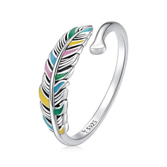 Bague Plume en argent 925 plaqué or blanc ajustable émaillé à la main