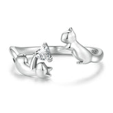 Bague Chats en argent 925 plaqué or blanc ajustable avec coeur en zircon blanc