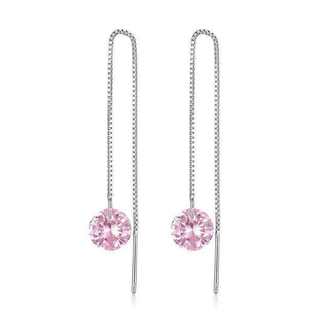Chaînes d’Oreilles Roses Pendantes en Argent Sterling 925 plaqué or blanc avec zircons roses