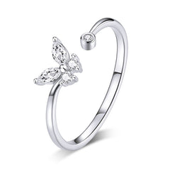 Bague Papillon Brillant en argent 925 plaqué or blanc ajustable avec zircons blancs