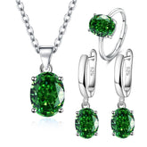Parure de Bijoux Argent Sterling 925 plaqué or blanc avec collier, boucles d’oreilles et bague ajustable avec zircons verts