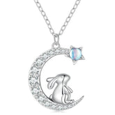 Collier Lune avec Lapin et Étoile Argent Sterling 925 plaqué or blanc avec pavé de zircons blancs et pierre de lune