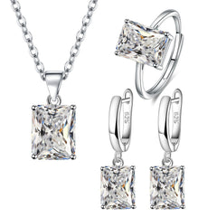 Parure de Bijoux Argent Sterling 925 plaqué or blanc avec collier, boucles d’oreilles et bague ajustable avec zircons blancs
