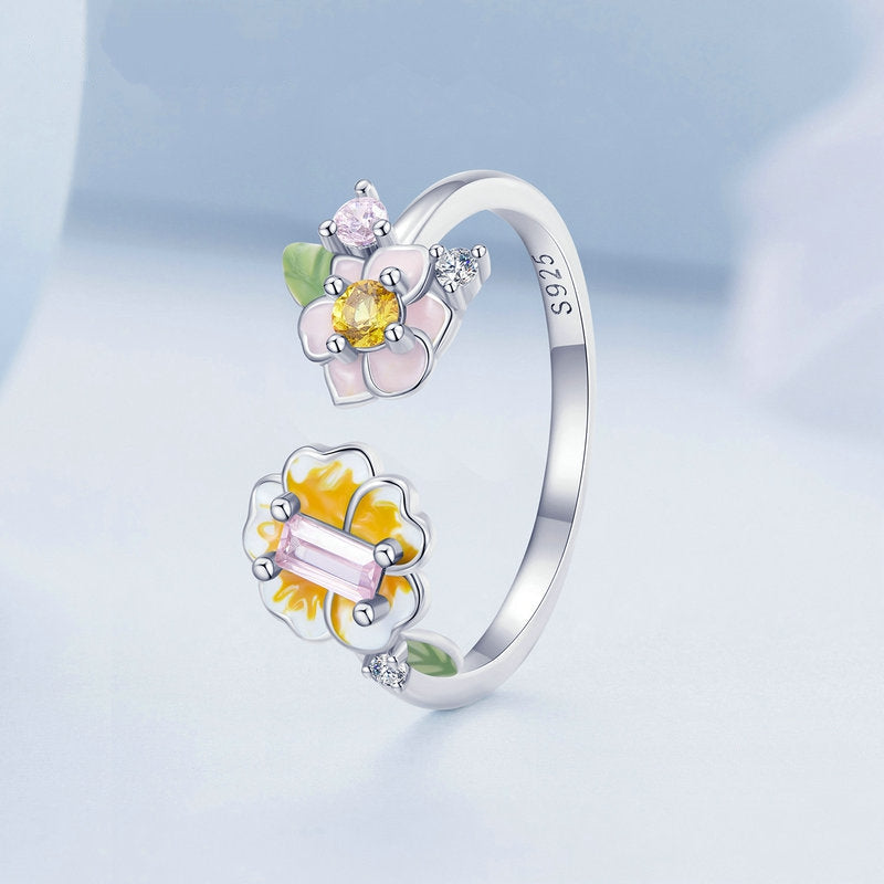 Bague Fleurs en argent 925 plaqué or blanc ajustable émaillé à la main avec zircons colorés - Photo 4