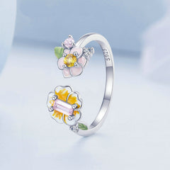 Bague Fleurs en argent 925 plaqué or blanc ajustable émaillé à la main avec zircons colorés - Photo 4