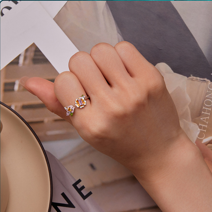 Bague Fleurs en argent 925 plaqué or blanc ajustable émaillé à la main avec zircons colorés - Photo 5