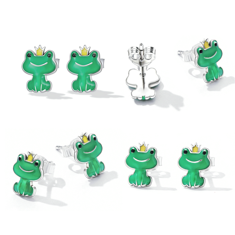 Boucles d’Oreilles Grenouille Verte Puces en Argent Sterling 925 plaqué or blanc émaillé vert avec prince grenouille - Photo 4