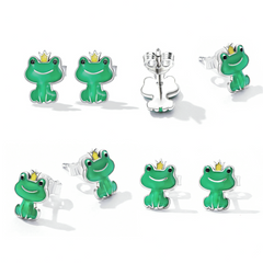 Boucles d’Oreilles Grenouille Verte Puces en Argent Sterling 925 plaqué or blanc émaillé vert avec prince grenouille - Photo 4