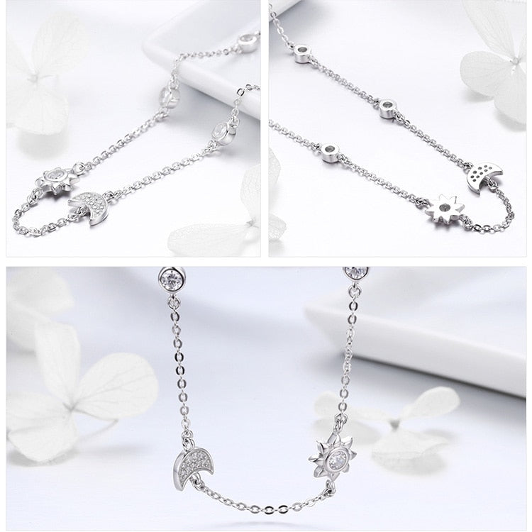 Collier Lune et Étoile en argent 925 plaqué or blanc ajustable avec zircons blancs - Photo 6