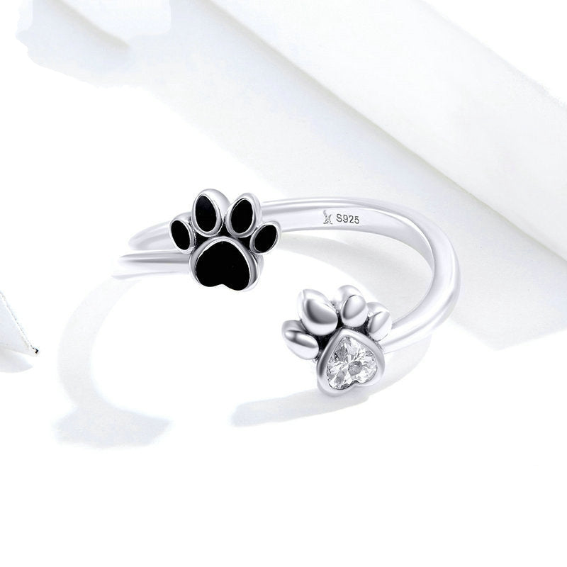 Bague Pattes en argent 925 plaqué or blanc émaillé noir avec zircon blanc ajustable - Photo 4