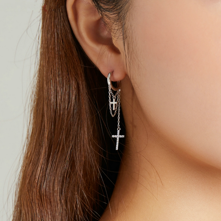 Boucles d'Oreilles Créoles Pendentif Croix - Image 2