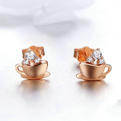 Boucles d’Oreilles Tasse de Café Puces en Argent Sterling 925 plaqué or rose avec zircons blancs - Photo 3