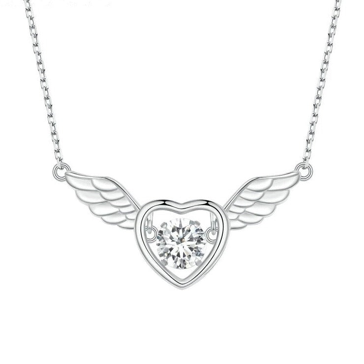 Collier Coeur Ailé en argent 925 plaqué or blanc ajustable avec zircon blanc