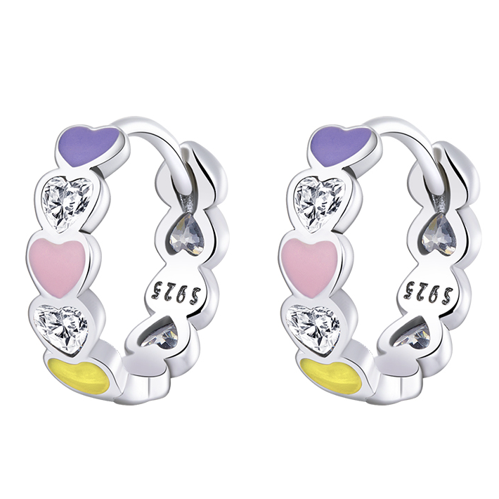 Boucles d’Oreilles Créoles Coeurs en argent 925 plaqué or blanc émaillé à la main avec zircons blancs