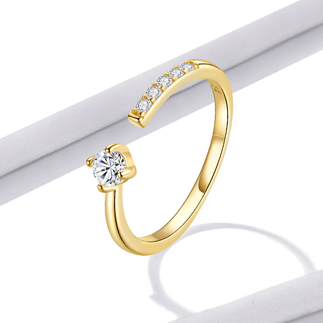 Bague Solitaire en argent 925 plaqué or jaune ajustable avec zircons blancs - Photo 3
